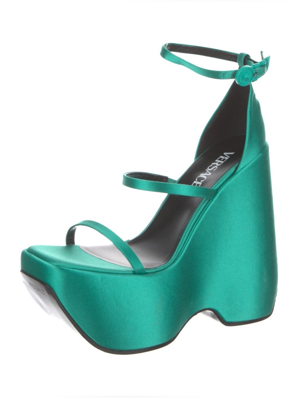 Versace Triplatform Sandal Medusa Safety Pin Buckle Emerald Satin & Leather